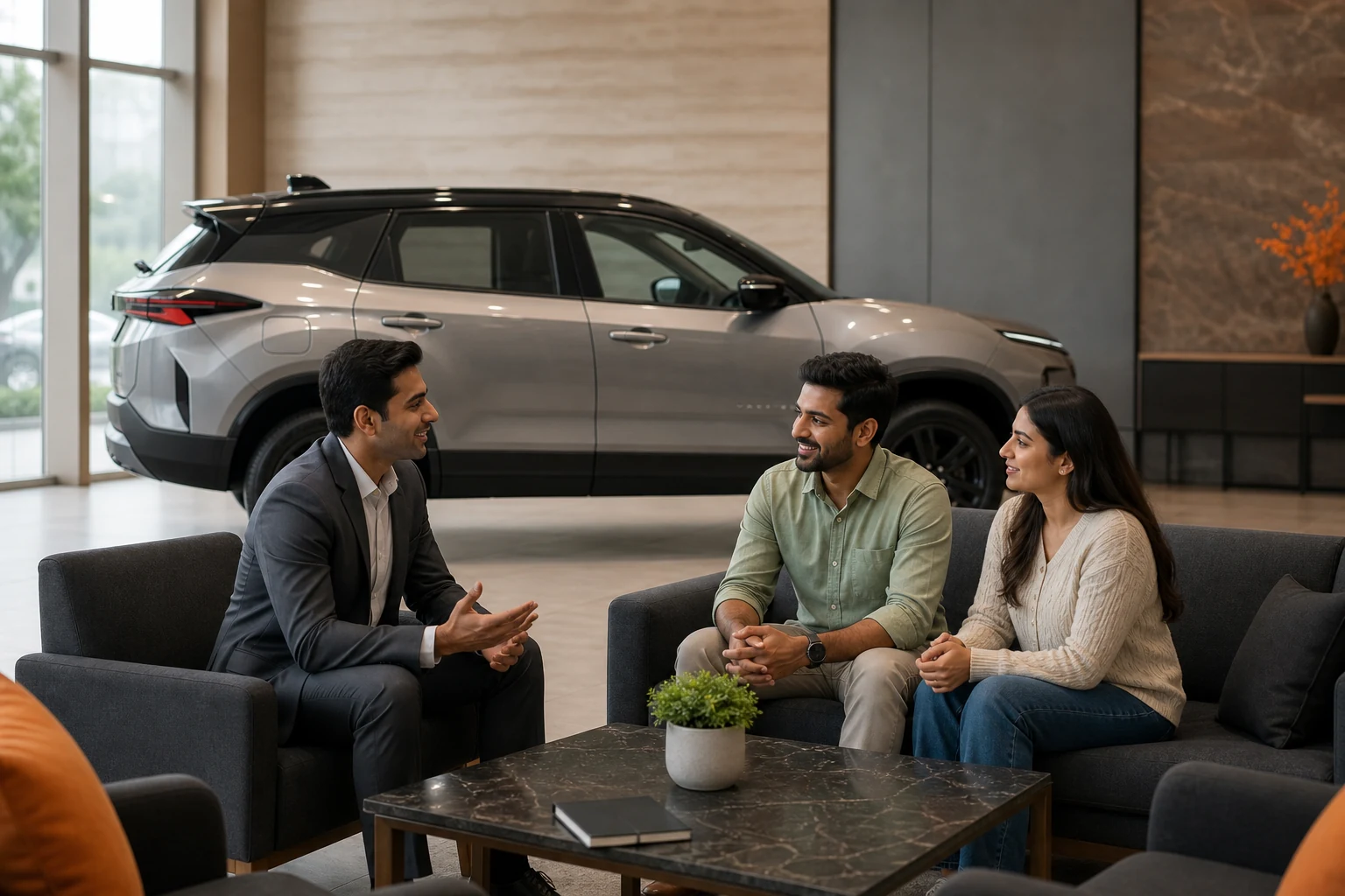 A KAMU Motors advisor consulting with customers beside a Tata Harrier