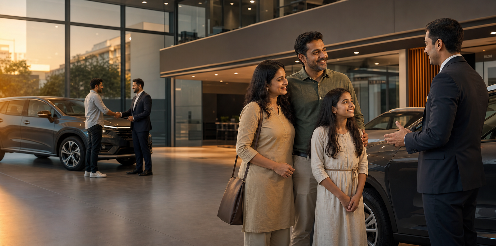A family speaking with an automotive advisor in a contemporary KAMU Motors showroom