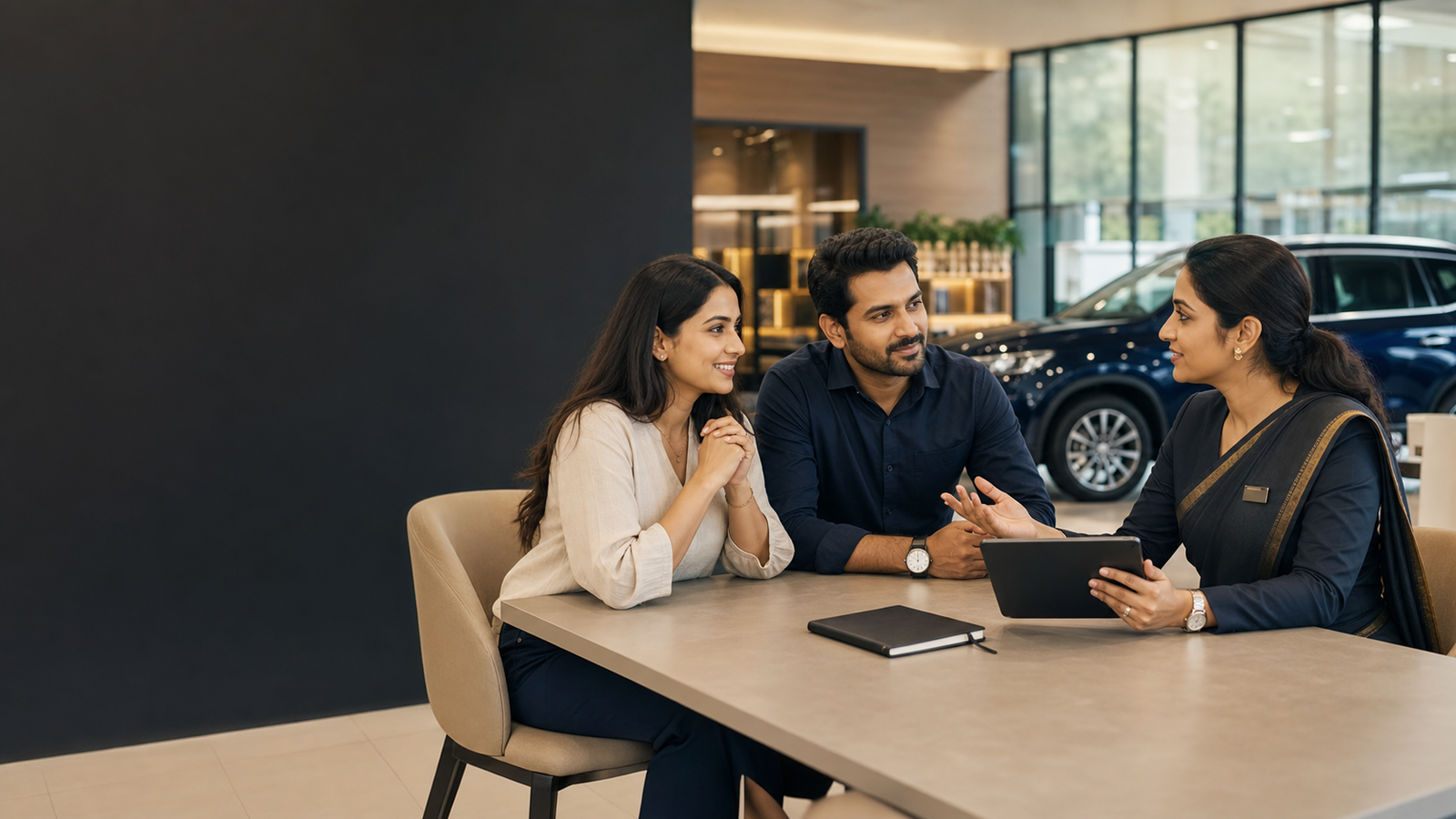 A family speaking with a Kamu Motors advisor